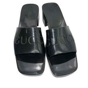 Gucci Womens Rubber Logo Graphic Strap Slide Sandal Heels Black Size EUR 41